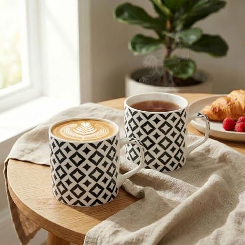 Image of U.P.C. Minimal Black White Diamond Bone China Mug Set of 6, Modern Tea Coffee Cups for Home, Cafe & Office