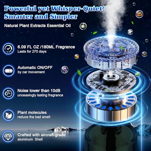 Image of Smart Car Air Freshener Diffuser - 270-Day Long-Lasting Essential Oil (6.09oz /180ml), Auto On /Off Sensor, Ultrasonic Dual Modes, Multi-Mode Adjustable, Natural French Fragrance Oils, Jasmine Scent