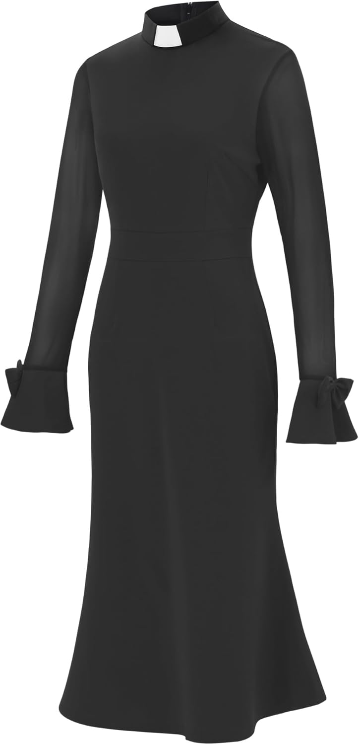 Trumpet Long Sleeve Mesh Church Dress Clergy Tab Insert Collar Priestess Dress - Image 3
