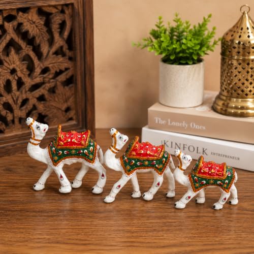 Image of eCraftIndia Pack of 3 Handcrafted Camel Figurines for Home Decor | Traditional Rajasthani Hand-Painted Camel Showpieces | Decorative Animal Statues for Living Room, Office Desk & Gifting