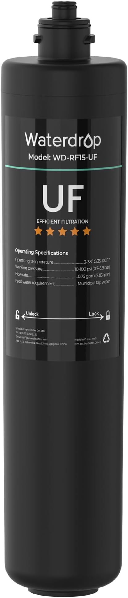 Waterdrop RF15-UF 0.01 Micron Replacement Filter Cartridge For 15UA/15UA-UF/15UB/15UB-UF/15UC/15UC-UF Under Sink Water Filter, Reduces Lead, Chlorine, Bad Taste & Odor, 19K Gallons High Capacity