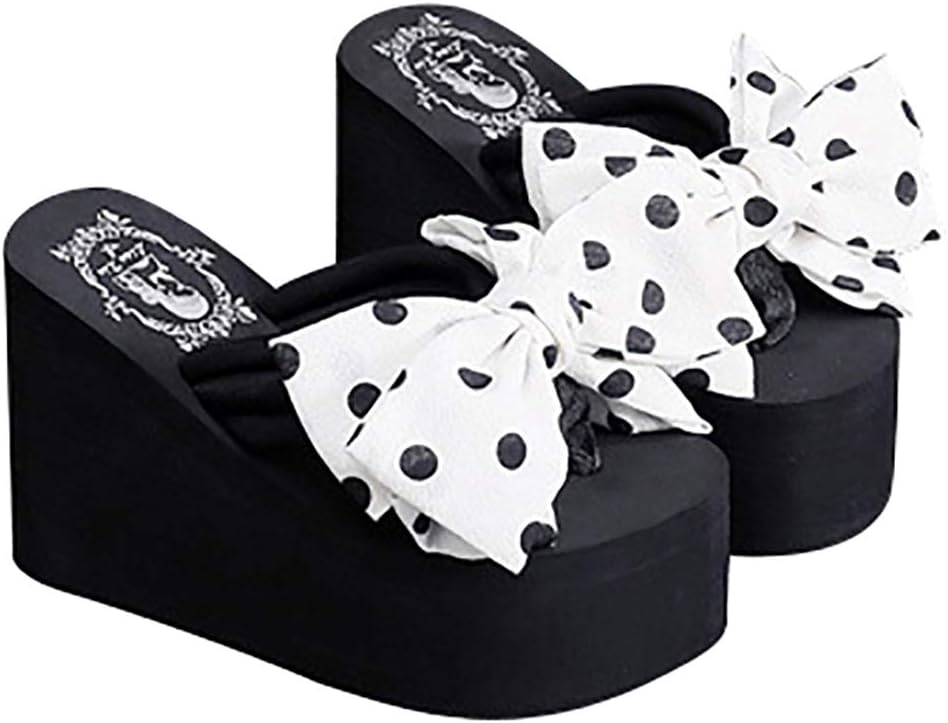 Women's High Heeled Bow-Knot Platform Wedge Flip-Flops Beach Sandals Fashion Slippers Summer Thong, 4.33" Heel-white, 9-9.5 Wide