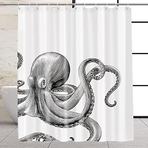 GOOSING Octopus Fabric Shower Curtain for Bathroom, Beach Theme Bath Decor with Hooks, Hotel Quality, 72x72 Inch