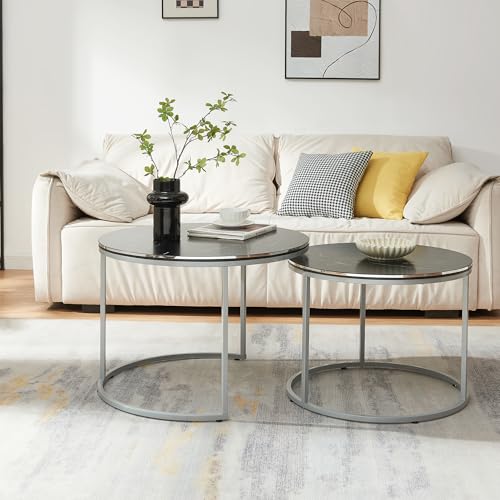 [en.casa] Couchtisch 2er Set Skagen Wohnzimmertische Beistelltische rund Satztisch Metallgestell Marmoroptik, schwarz/Silberfarben