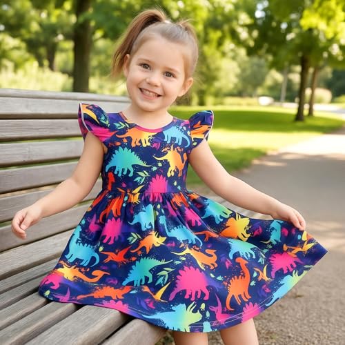Image of Toddler Little Girls Casual Dresses Short Sleeve Crew Neck Graphic Cartoon Dress for 2-8 Years