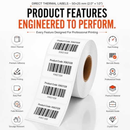 Image of Shreyans Direct Thermal Labels (Pack of 10, 50mm x 25mm) - Non Tearable, Scratch Free, Water Proof & Non Fade Stickers with Permanent Marking - 5000 Labels