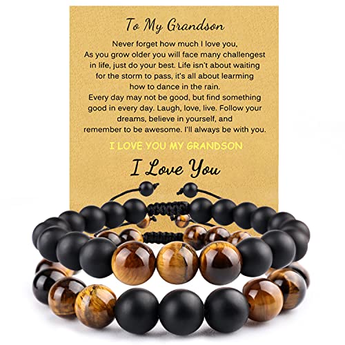 Valentines Day Gifts for Grandson Gifts From Grandma,Grandson Bracelet From Grandma,Grandson Bracelet,Gifts For Grandson,Grandson Gifts Tiger eye stone and black agate stone B