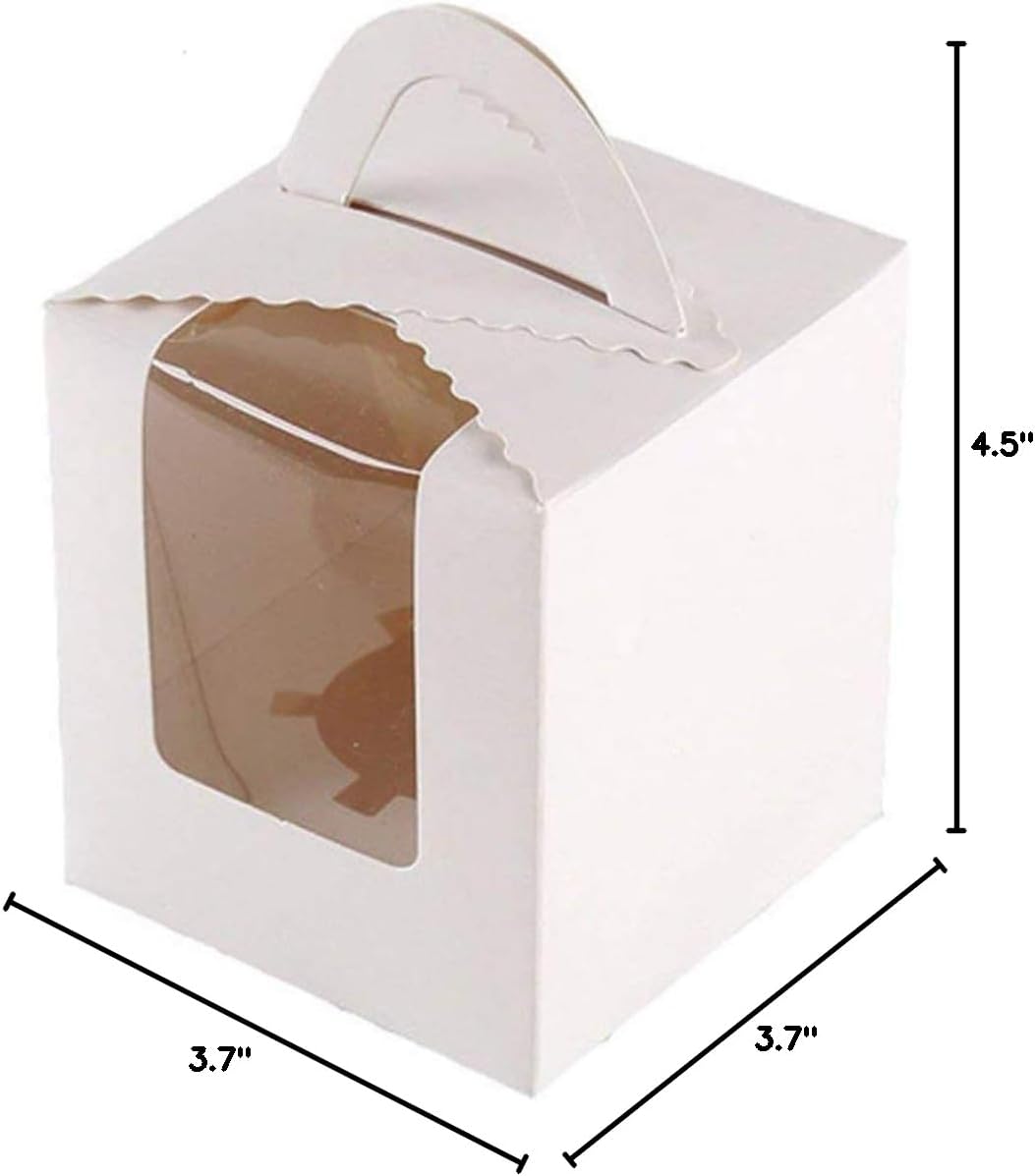 25 Pcs Single White Cupcakes Containers Gift Boxes with Window Inserts Handle for Wedding Candy Boxes (25P-Handle-White)