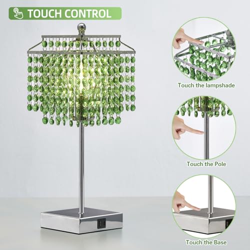 Image of Luvkczc Crystal Table Lamp with Touch Control, Bedside Crystal Table Lamp | with USB C+A Ports,Dimmable Lamp for Girls Bedroom, Living Room, Green & B11 LED Bulb Included
