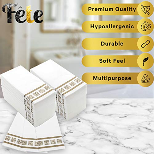 Fete Decorative Hand Towels, Gold Design 200 Disposable Linen-Feel Guest Towels – Formal Dinner, Anniversary, And Wedding Napkins For Tables, Guestrooms, And Restrooms - 8.5X4-Inches Folded #TOP6