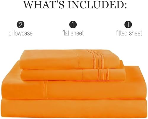 Miniatura 6 de Juego de sábanas de tamaño matrimonial color naranja, juego de sábanas bajeras y fundas de almohada de bolsillo profundo, 4 piezas de microfibra de