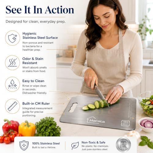 Image of Steel Chopping Board for Kitchen | Heavy-Duty Stainless Steel Kitchen Cutting Board | for Vegetables, Fruits, Meat & Fish | Anti-Skid, Food Safe & Rust Resistant Size 31 * 21 CM