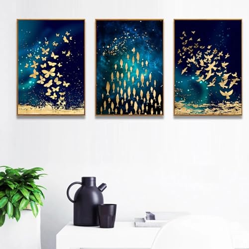 Peinture abstraite image décor papillon poisson triptyque de toile - 3