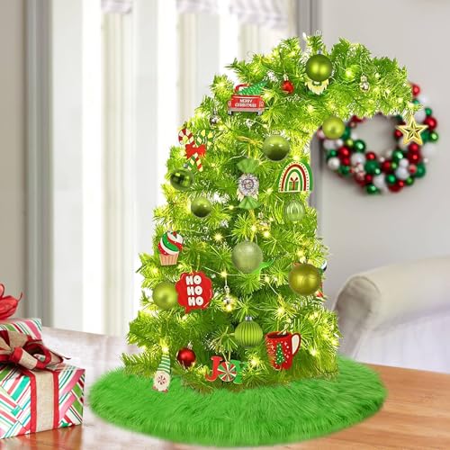 yuboo Pequeña falda verde para árbol de Navidad, adornos de árbol de piel sintética de 24 pulgadas, alfombra esponjosa para árbol de Navidad para vacaciones, otoño, invierno, Año Nuevo, decoraciones