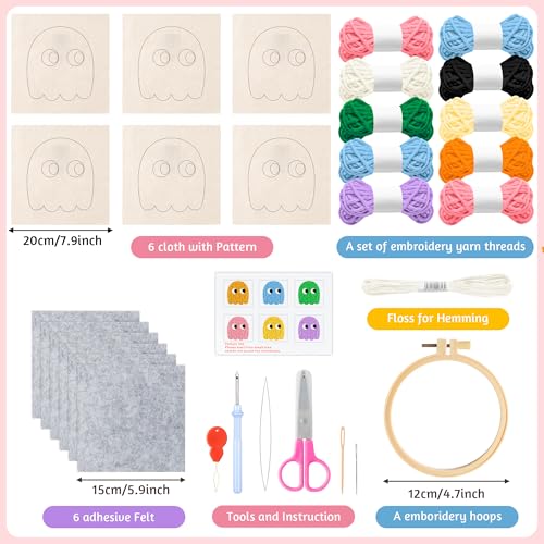 Image of ERguanfoiun 6Set Game Ghost Punch Needle Coaster Kit - Easy DIY Punch Needle Embroidery for Beginners, Game Pattern Rug Tufting Adhesive Felt Fabric Hoop Yarn Tool Instruction, Art Craft Supplies Gift