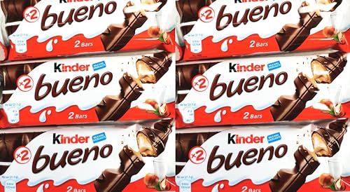 Kinder Bueno Chocolate Bar 43g (6-Pack) - Milk Chocolate Covered Wafer with Smooth Milky and Hazelnut Filling - Melt-in-the-mouth Sweet Snack Deal for Easter, Birthday, All Ocassion by Swiss+