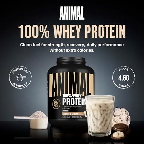Image of Animal 100% Whey Protein Powder - Whey Blend for Pre Workout or Post Workout, Recovery, Anytime Low Sugar Protein Boost Meal Replacement with BCAA Branched Chain Amino Acids - Cookies & Cream, 4 lb