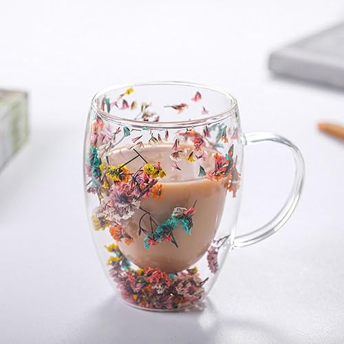 Miniatura 9 de Tazas de café de vidrio transparente de doble pared con diseño de flores, tazas de vidrio transparente creativas con asa de flores, taza de vidrio