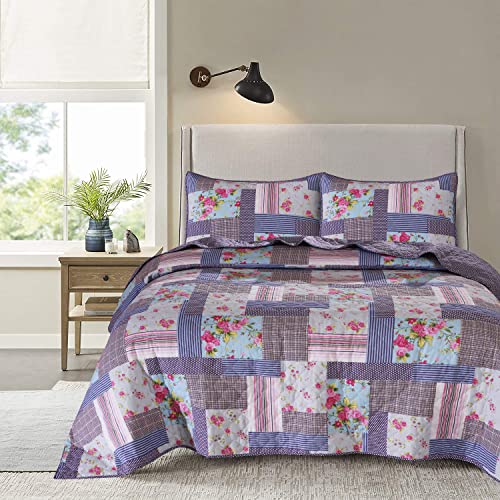 Ruvanti 100% Cotton 3 Pcs King Quilt Set Bedspreads, Lightweight Coverlet, Soft, Warm Comforter. All Season Quilt King Size Set Include Quilt & 2 Pillowcovers, Reversible Pink Rose Design #TOP16