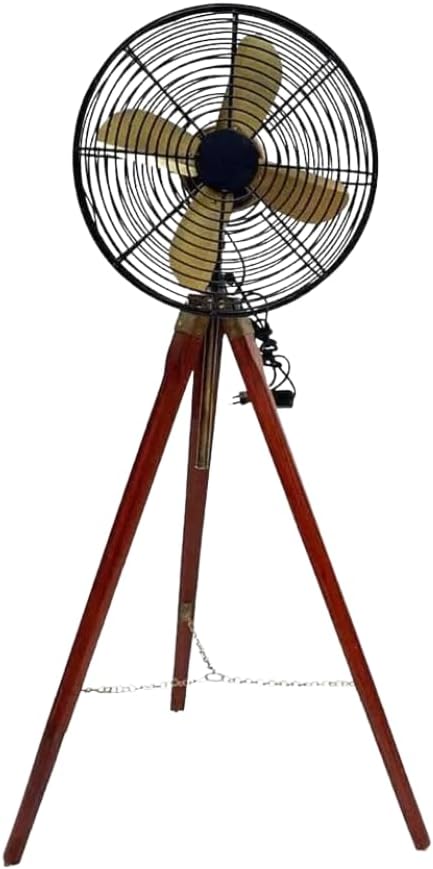 Vintage Style Tripod Floor Fan, Nautical Design with Wooden Stand, Antique Home Desk Decor