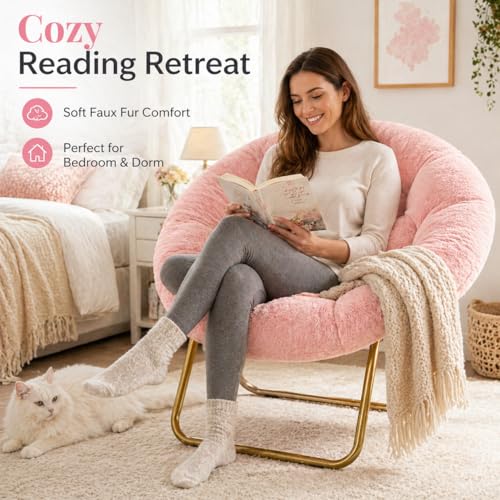 Image of Simple Deluxe Comfy Chairs for Bedroom, Faux Fur Saucer Chair for Adults, Oversized Comfy Soft Saucer Chair, Padded Lazy Chair for Living Room Dorm Rooms, Pink