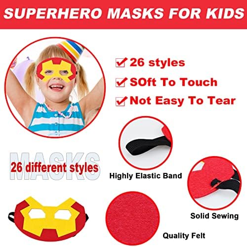 26Pcs Superhero Masks, Adjustable Sizes Superhero Masks for Kids Party, Superhero Party Supplies,Superhero Party Favors for Kids Birthday