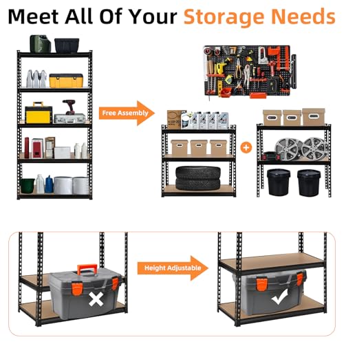 GarveeHome Garage Storage Shelves, 5-Tier Utility Shelves, Adjustable Storage Shelves, Industrial Shelving, Load 3860 Lbs Heavy Duty Storage Shelves for Garage Kitchen Basement Laundry Pantry,Black