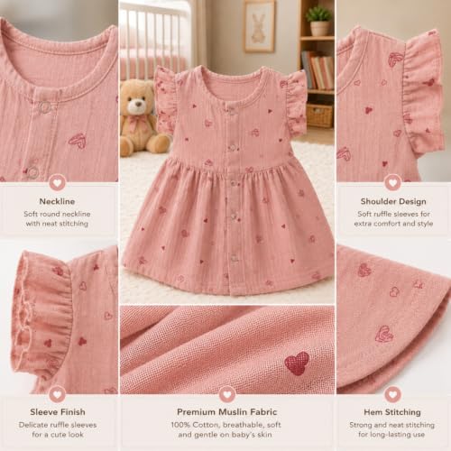 Image of Lilimi Toddler Baby Girl Cotton Muslin Dress, Breathable Flutter Sleeve Button-Front Cute Frocks