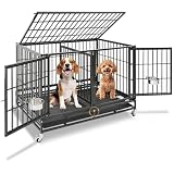 Homey Pet 43 Inch Dog Crate, Heavy Duty Stackable Dog Crate Cage Kennel for Medium Dogs with Divider, Bowls, 3 Door, Removable Grid & Tray, 4 Lockable Wheels, Breeding & Grooming Drop Cages for Dogs