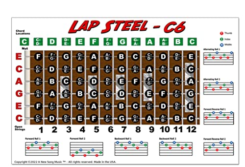 Lap Steel C6 Tuning Guitar Fretboard Note & Rolls Chart - Beginners & Intermediate Instructional Easy Poster Chords A New Song Music 11"X17" #TOP4