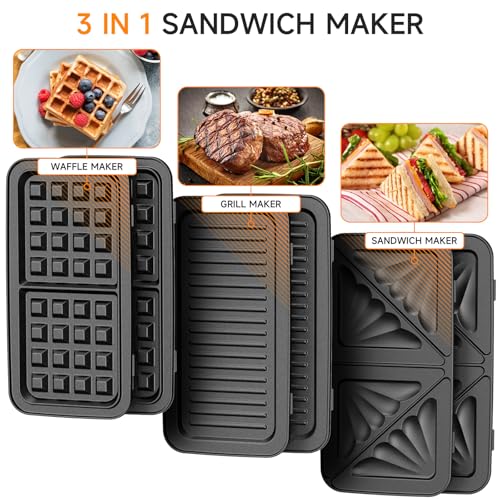 Máquina de sándwich 3 en 1, gofrera de 1200 W con control de temperatura de 5 velocidades, máquina de sándwich con 3 placas antiadherentes para sándwich, gofres, carne, luces LED, verde menta - imagen 6