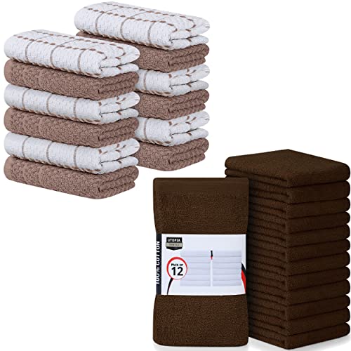 Utopia Towels Bundle Of 24 Kitchen Dish Towels & Bar Mops - 12 Pack Tea Towels - 12 Pack Bar Towels - 100% Ring Spun Cotton - Soft, Absorbent & Multipurpose (Brown) #TOP18