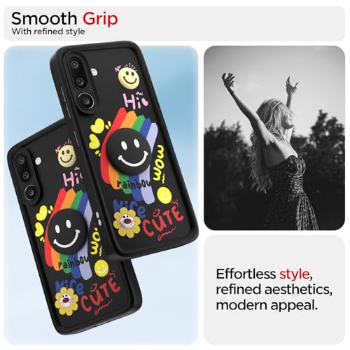 Image of Pikkme Back Cover for Samsung Galaxy M56 5G | Soft Silicone| Cute Rainbow Smile & 3D Cartoon Flower Design | Shockproof Raised Camera Protection Bumper Case (Black)