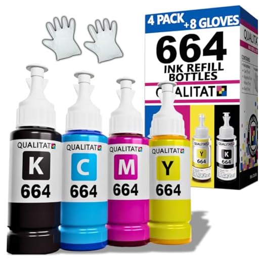 QUALITAT Epson 664 Ink Refill Bottles | All 4 Colors + 4 Gloves + Ink Storage Box | Epson 664 for L365 Ink, ET-2550, ET-2650, ET-2600, ET-2500 (Black, Cyan, Magenta, Yellow) | Tinta 664
