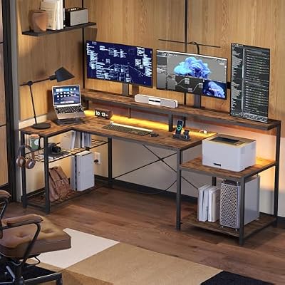 Bestier 71.5" L Computer Desk with Power Outlets, Rustic Brown
