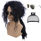 Cfalaicos Wig + Wig Cap + Glasses, 70s 80s Long Curly Wavy Rocker Costume Wig for Men 80S Punk Heat