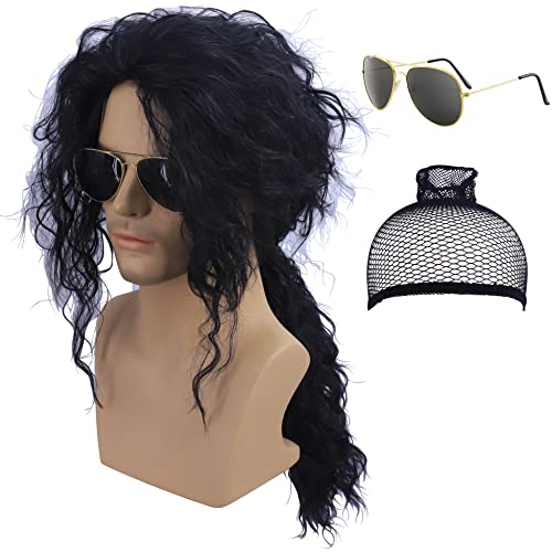 Cfalaicos Wig + Wig Cap + Glasses, 70S 80S Long Curly Wavy Rocker Costume Wig For Men 80S Punk Heat Resistant Fiber Disco Wig For Men (Black) #TOP11