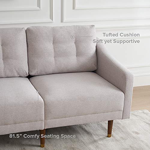 Mopio Savannah Mid-Century Modern Couch, Fabric Upholstered Sofa with Tufted Back and Tapered Gold Caps Legs, Light Gray