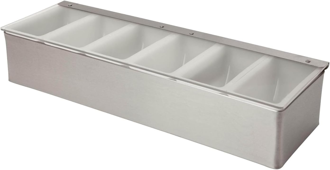 We Can Source It Ltd - 6 Compartment Stainless Steel Condiment Holder with 1 Pint Inserts Commercial Bar Garnish Tray Countertop Food Prep Organiser for Kitchen Cafe Restaurant