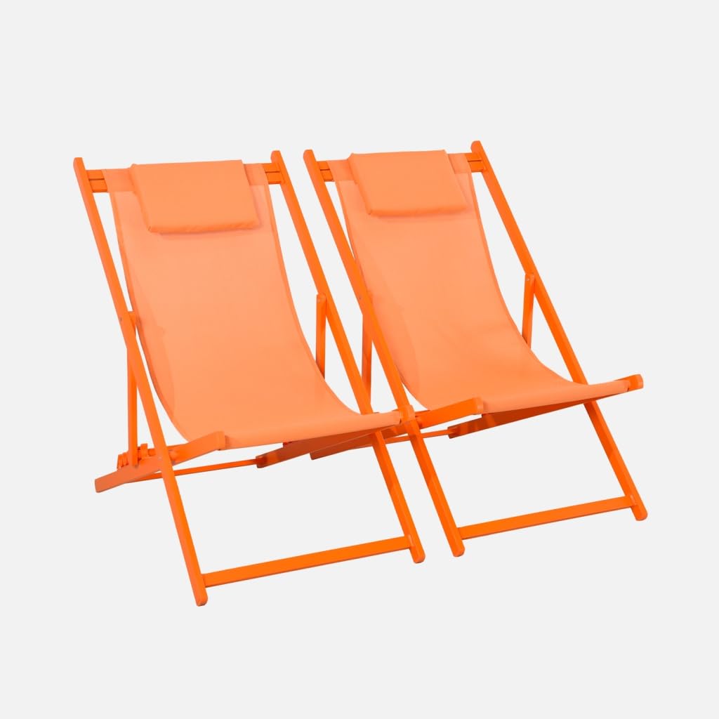 Alice's Garden sweeek - Lot de 2 Bains de Soleil - Gaia Orange - Transat en Aluminium Gris Anthracite et textilene Orange avec Coussin Repose tête. chilienne