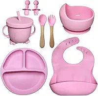 Kit Introdução Alimentar Bebê 8 Peças em Silicone – Colher, Garfo, Copinho, Pratinho e Pote – Atóxico, Antibacteriano, Livre de BPA – Seguro Para Crianças a Partir de 6 Meses (Rosa)