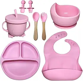 Kit Introdução Alimentar Bebê 8 Peças em Silicone – Colher, Garfo, Copinho, Pratinho e Pote – Atóxico, Antibacteriano, Livre de BPA – Seguro Para Crianças a Partir de 6 Meses (Rosa)