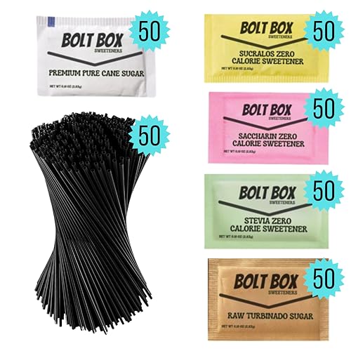 (300 total, 50 each) Bolt Box Sugar & Sweetener Packets Box - Cane Sugar Packets, Turbinado Sugar packets, Sugar Substitute Packets, Plastic Coffee Stirrers