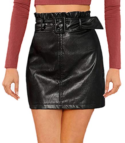 WDIRARA Women s Elegant High Waist Self Adjustable Belted PU Skirt Black L