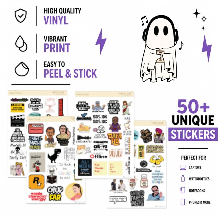 Image of Relatable Aesthetic Sticker Pack - Funny Quotes, Gen-Z Vibes, Desi Slang - 4 A4 Sheets - for College Students, Laptop, Skateboard, Notebook