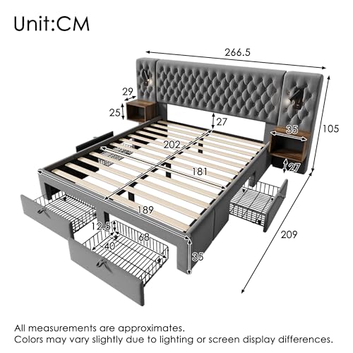 Bettanlage Schlafzimmer Komplett Set, Polsterbett Doppelbett 180×200 cm mit 2 Nachttischen und 4 Schubladen, Kopfteil Leselicht mit USB Ladefunktion, Grau, Samt (Ohne Matratze) – Bild 3