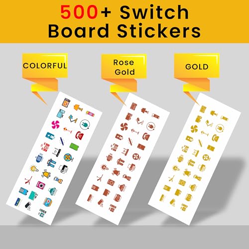 Image of SOLOBOLO Vinyl 500+ Switch Board Button Self Adhesive Stickers For Plastic Surface for Home,30+ Icons for Fan Light Fridge AC,3 in 1 Gold,Rose Gold & Colourful Labels for Switchboard,15 cm