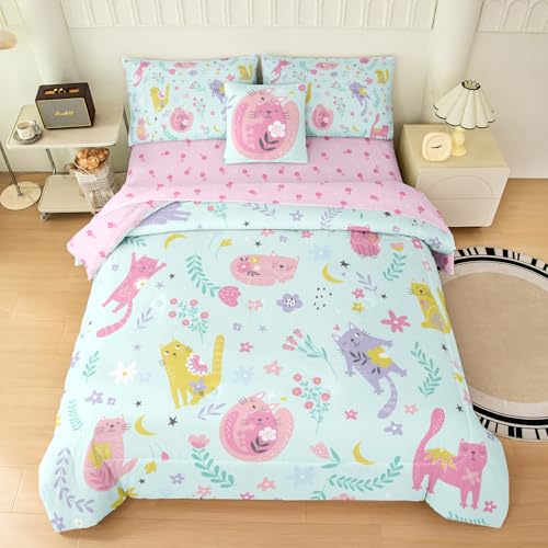 Bodhi Cute Cats Comforter Twin for Girls Kids Twin Bedding Sets for Girls with Flowers Stars and Fresh Background Cats Bedding Sets 6 Pieces