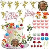 39 PCS Fairy Cake Toppers, Fairy Cake Decoration with Mushroom Door Flowers Butterfly for Baby Shower Fairy Birthday Party Supplies