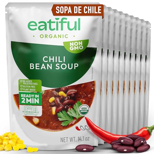 EATIFUL Sopa De Chile, Sopa Vegana De Frijoles Lista Para Comer, Elaborada Con Verduras Orgánicas, A Base De Plantas, Sin Conservantes Añadidos, Sin Gluten, 400g (Paquete De 10)